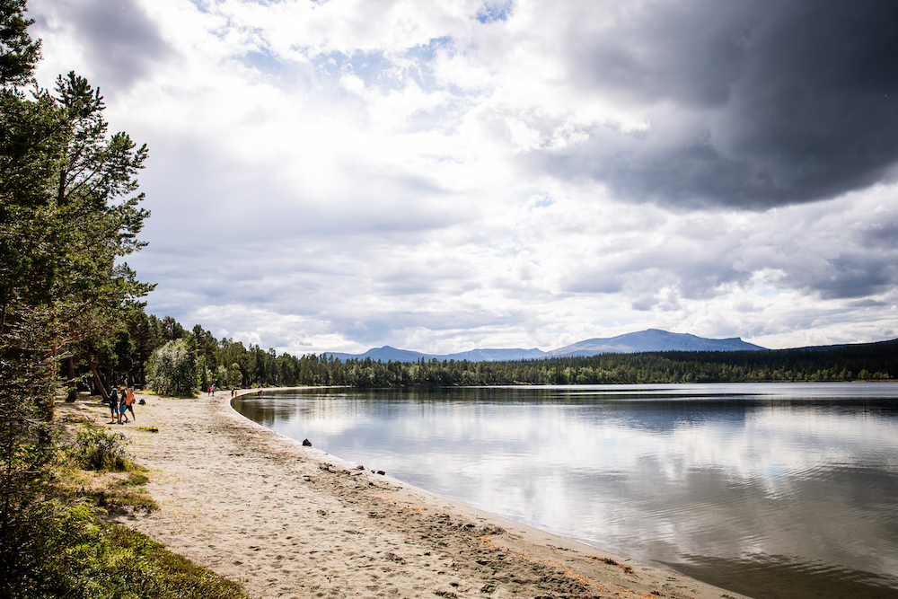 Sjön i Vålådalen med fjäll och skog i bakgrunden